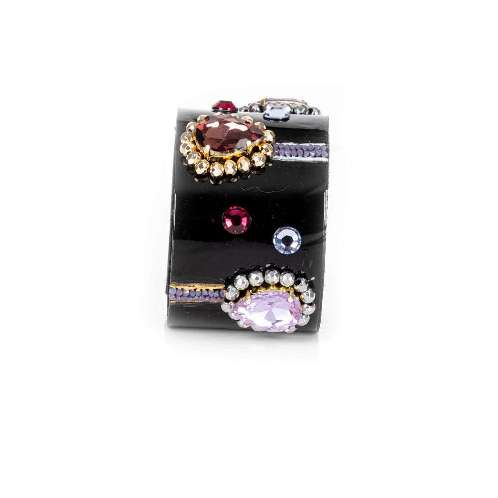 The Dark Black Leather Crystal Cuff Bracelet with Multicolor Stones