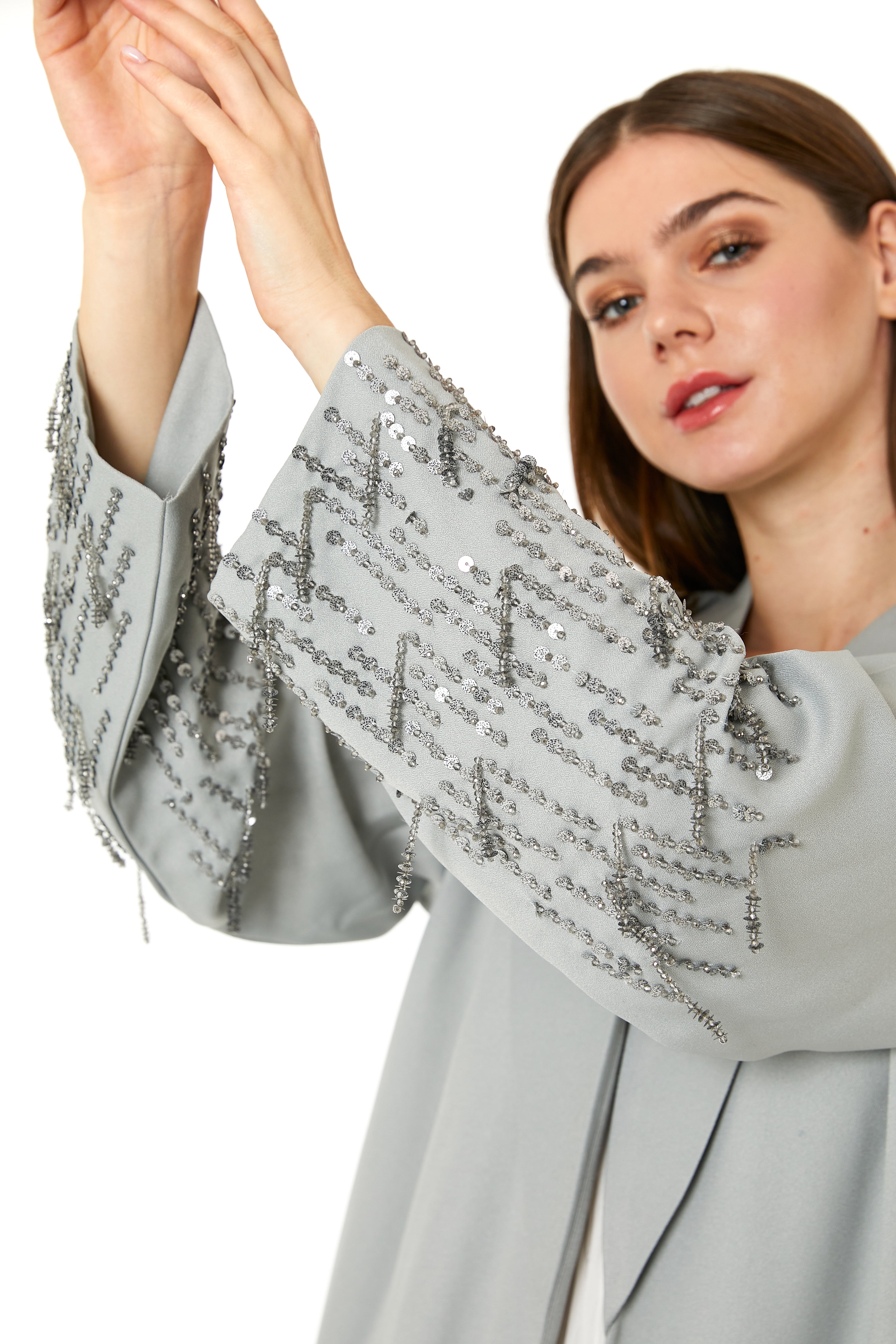 MOiSTREET Grey Korean Nida Hand Embellished Abaya