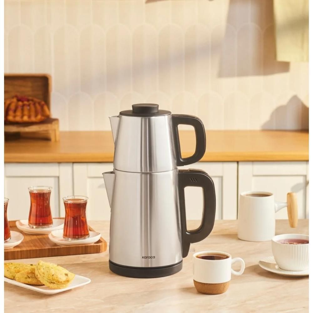 Karaca Tea Break 2-in-1 Electric Tea Maker & Water Kettle, Stainless Steel, Inox & Black