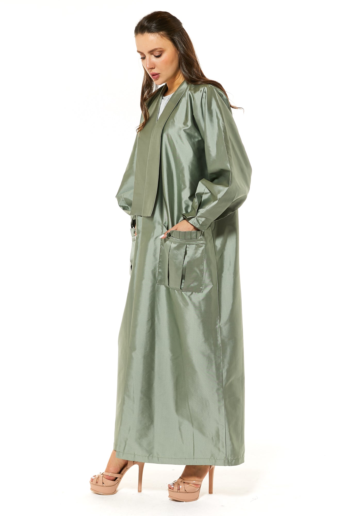MOiSTREET Green Victoria Satin Casual Abaya with Pockets