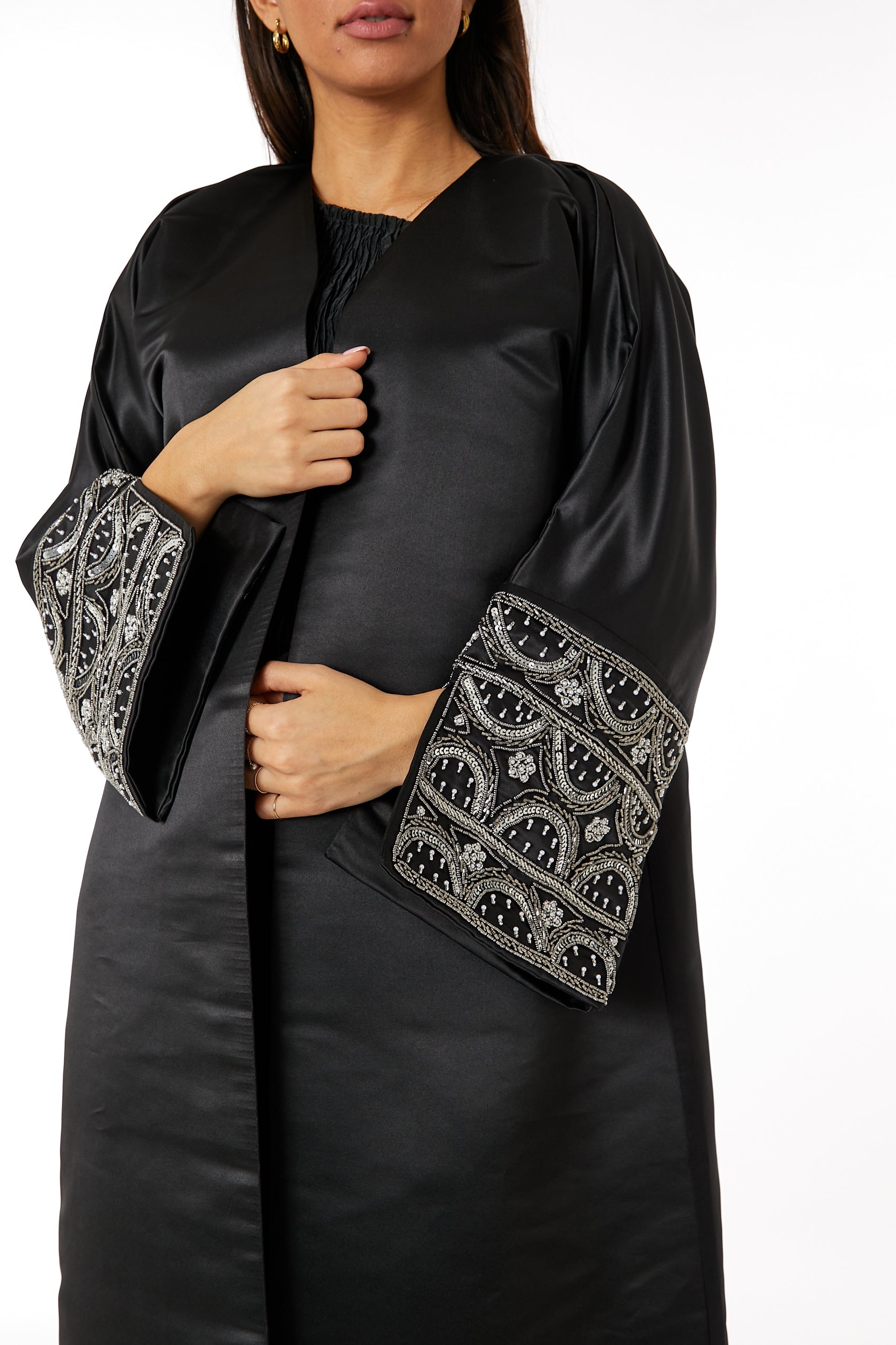 MOiSTREET Black V-Neck Bridal Satin Split Cuffs Abaya