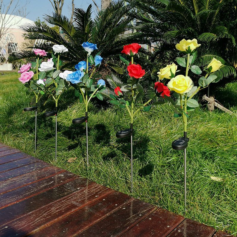 Outdoor Solar Flower Lights 2 Pack 5 Head Artificial Rose LED Lamp Garden Décor