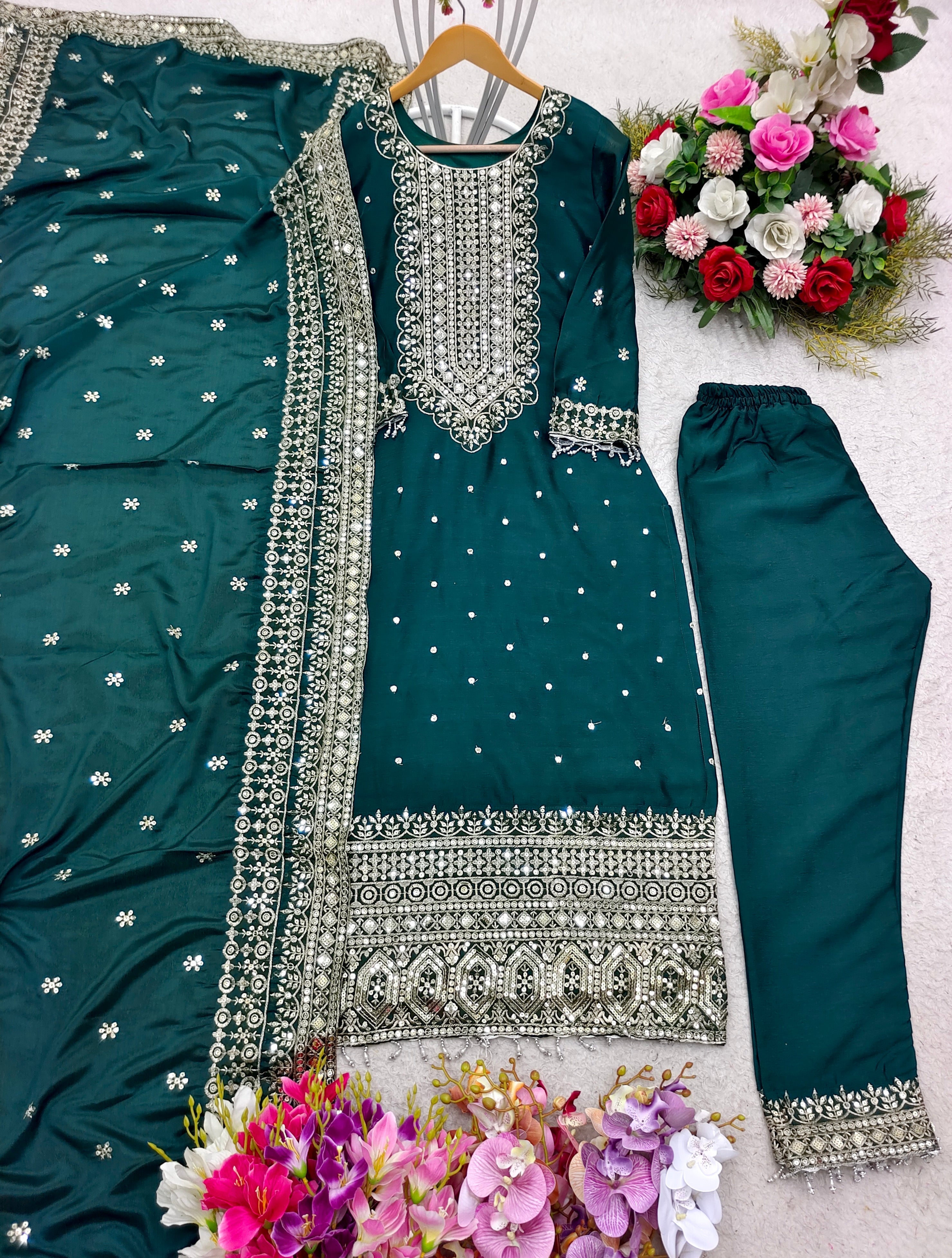 Designer Top-Pent & Dupatta With Moti Less Work