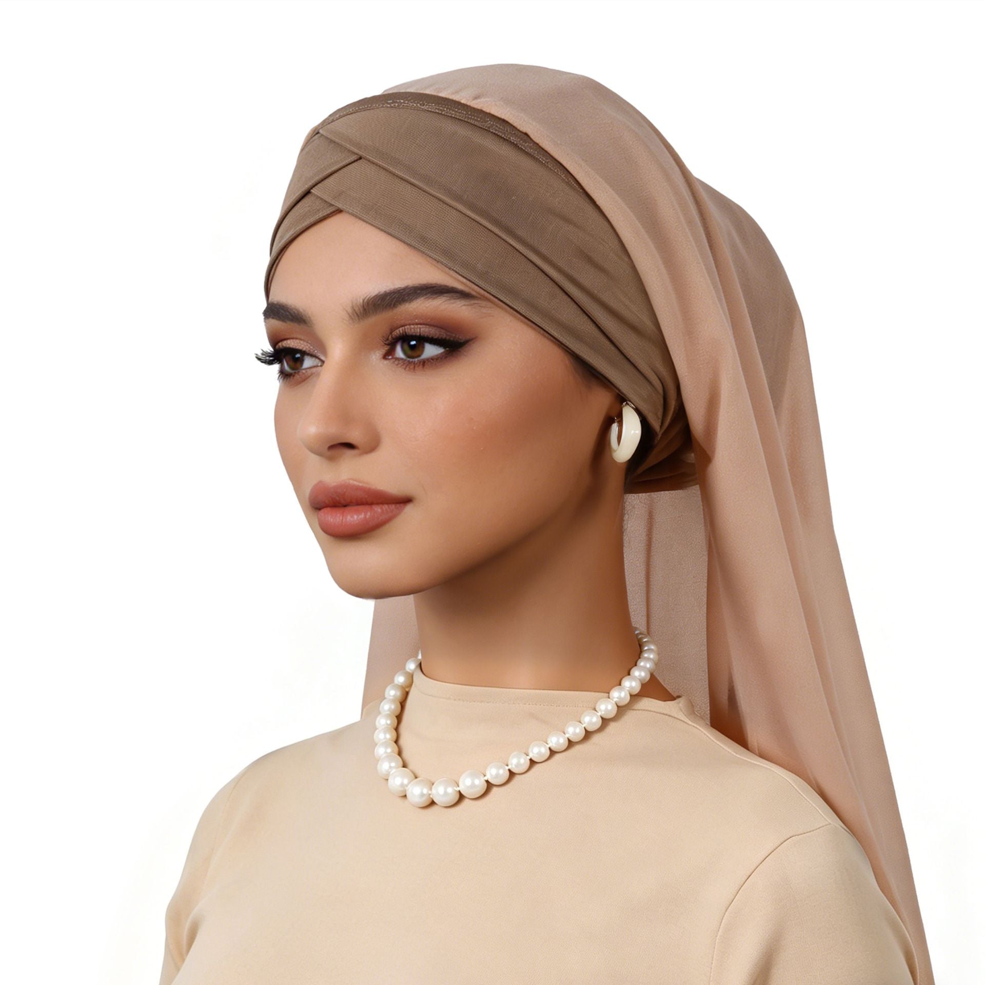 Nude Beige Cross Front Hijab Set with Chiffon Shawl
