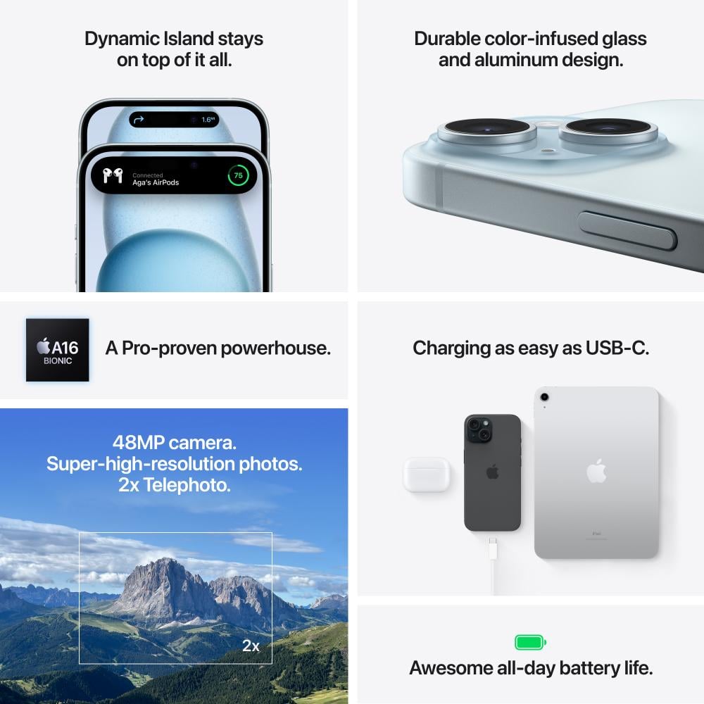 Apple iPhone 15 Smartphone, 6.1 Super Retina XDR OLED Display, A16 Bionic Chip, 256GB Storage, Black