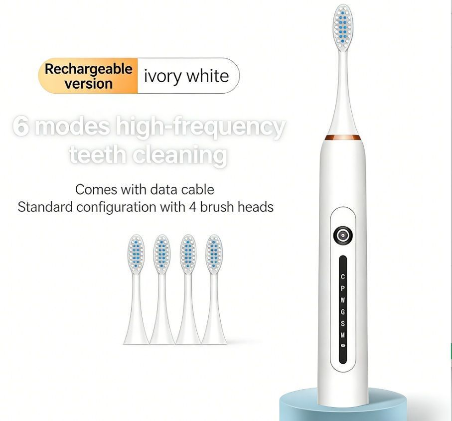Rechargeable Electric Toothbrush for Adults - 6 Modes Sonic Toothbrush with 4 Brush Heads & USB Charging, IPX7 Waterproof (Ivory White)