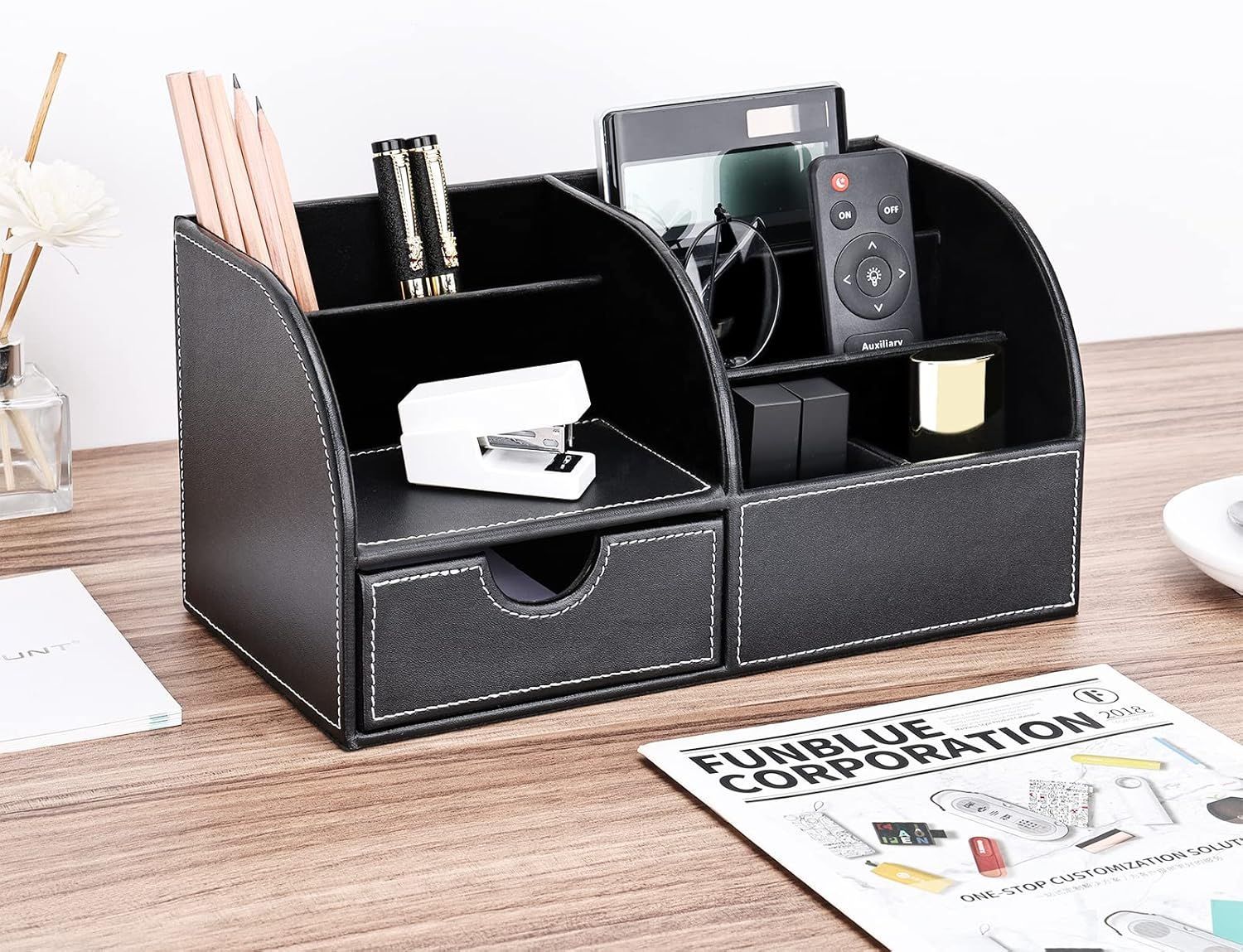 Desk Organizer Storage Case Table Organizer PU Leather Pen Holder Pen Box Office Supplies