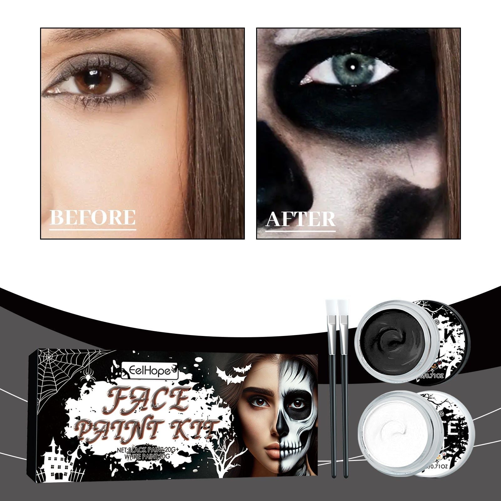 Black and White Halloween Body Paint, Easy to Use, Vibrant, Perfect for Spooky Costumes ,40g