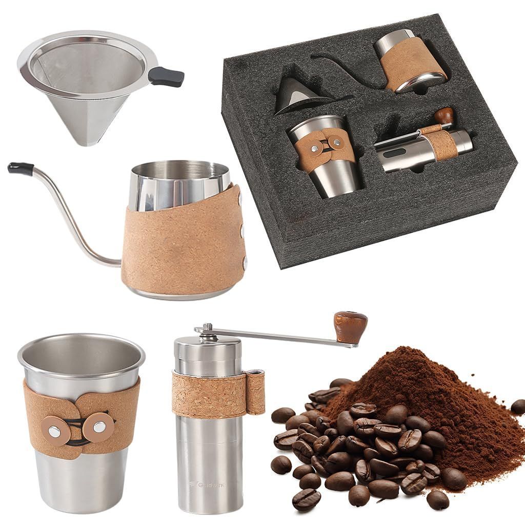 4Pcs Pour Over Coffee Gift Set Classic Stainless Steel Pour Over Coffee Kit Camping Coffee Brewing Kit