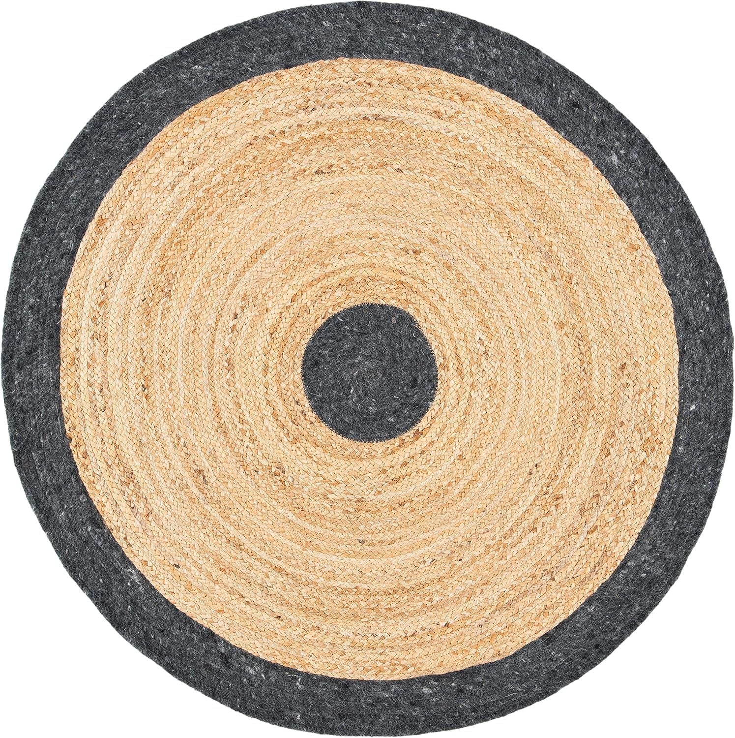 Dual Tone Jute Round Rug with Black Border & Center Circle | Handwoven Natural Area Carpet