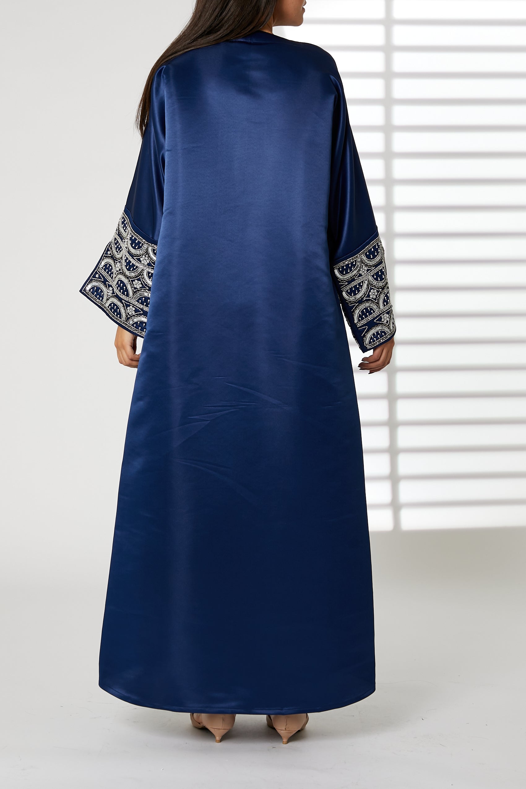 MOiSTREET Navy V-Neck Bridal Satin Split Cuffs Abaya