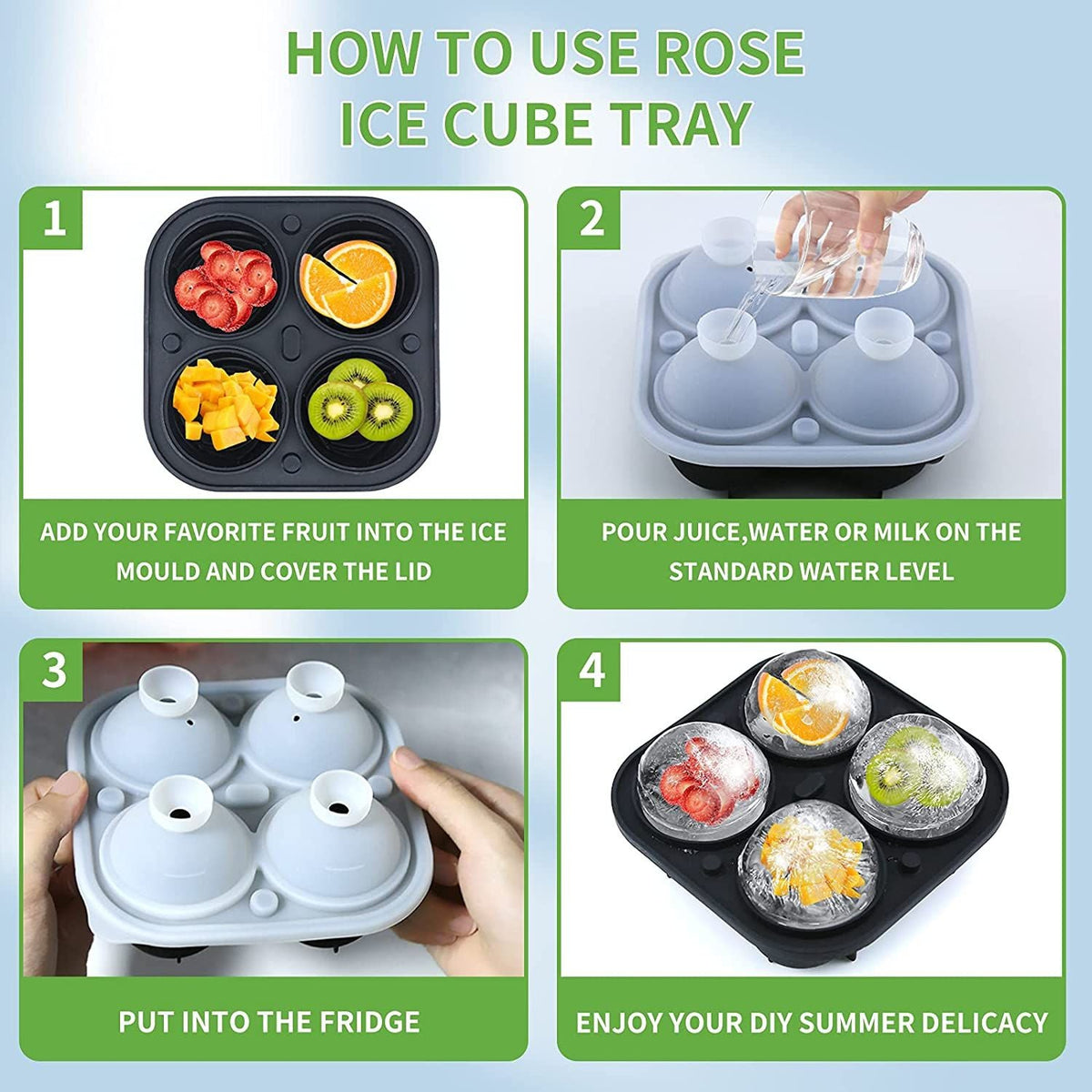 4 Cavity Ice Cube Trays 3D Silicone Rose Ice Tray Mold With Removable Funnel-Shaped Lid