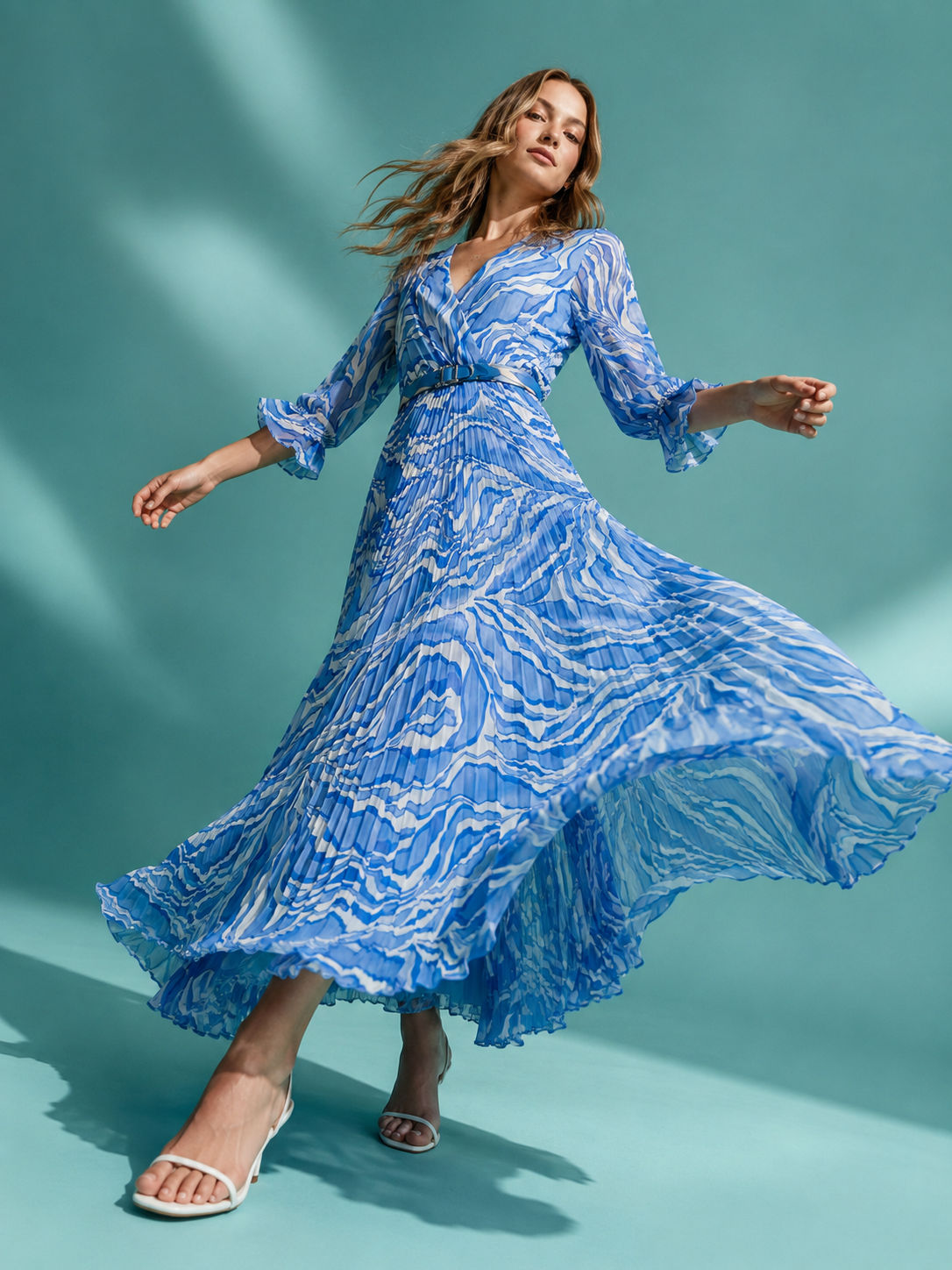 Tendresse Boutique Blue & White Pleated Dress