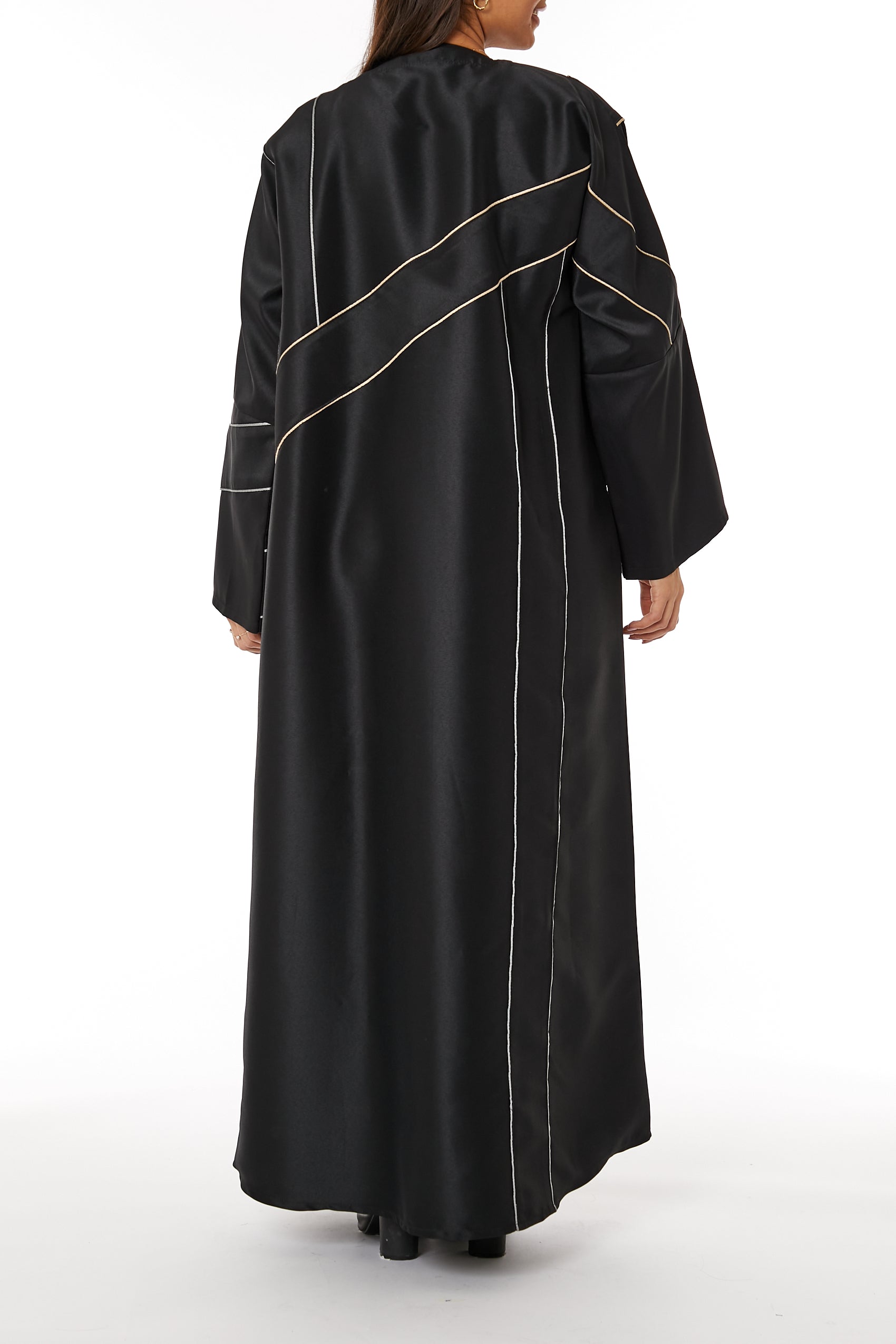 MOiSTREET Black Bridal Satin V-Neck Abaya with contrast Lining