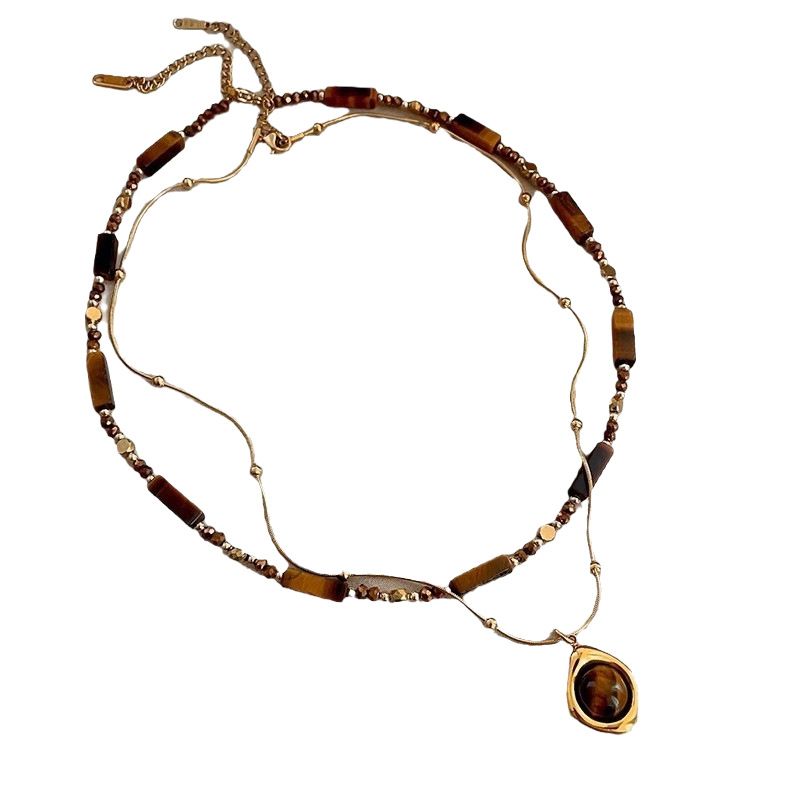 Double Layer Tiger Eye Butterfly Pendant Necklace for Women Adjustable Long Chain Layered Jewelry Gift