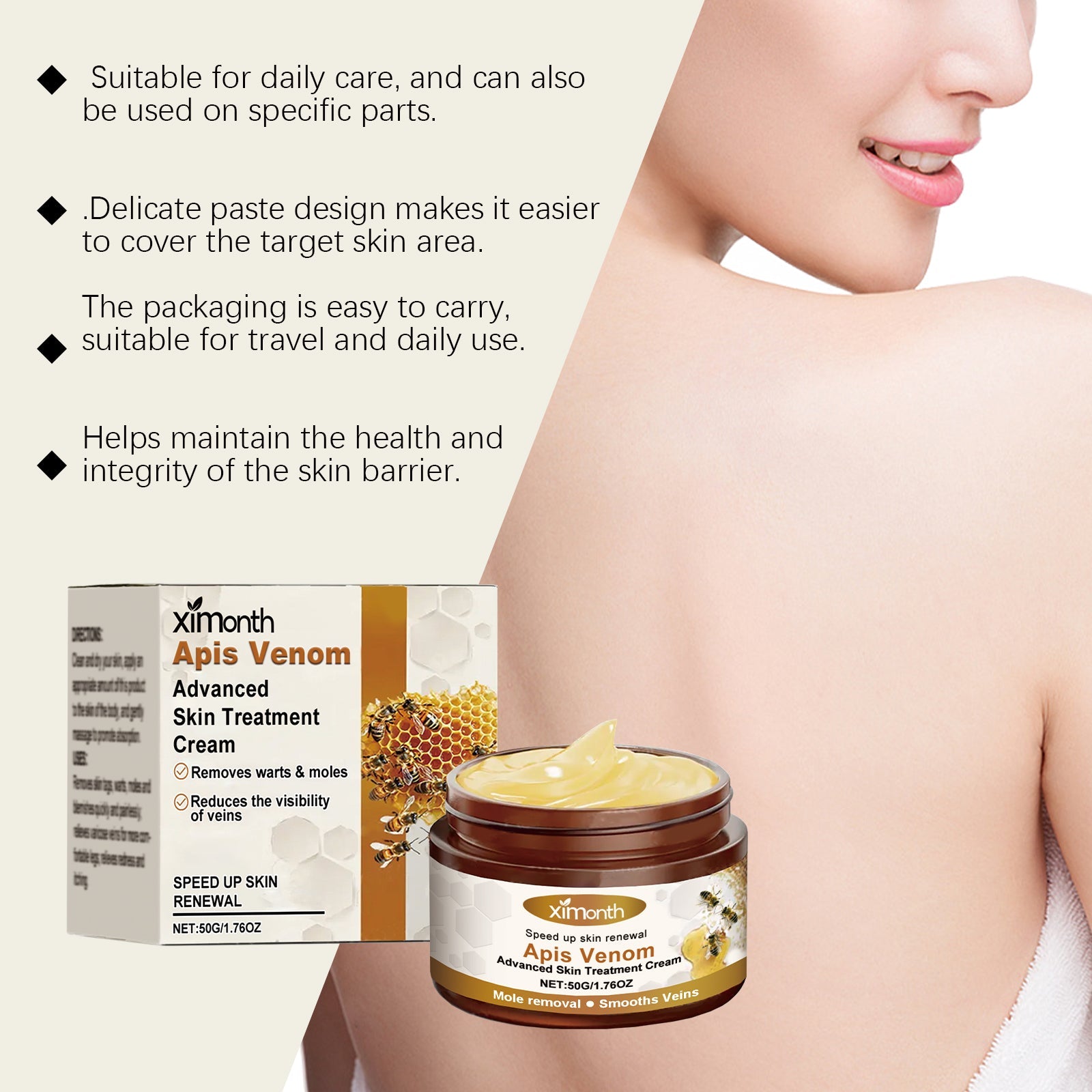 Bee Venom Skin Care Cream, Fast-Absorbing Moisturizer for Legs, Spots, and Blemishes ,50g