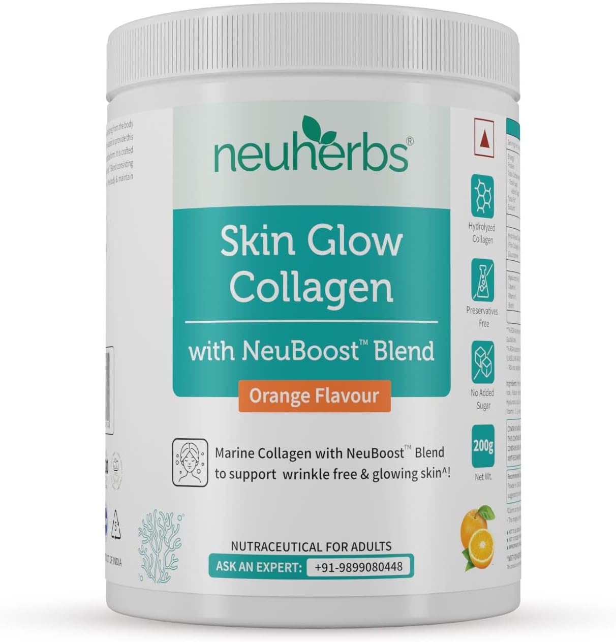 Neuherbs Skin Glow Marine Collagen Powder Supplement For Men & Women - 200g (Orange Flavour)