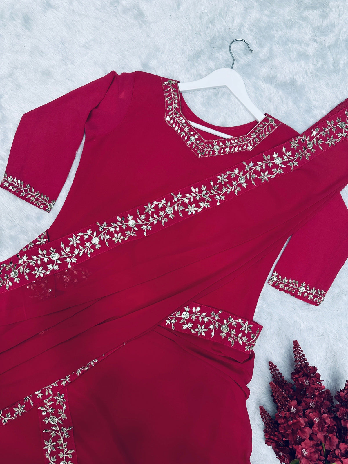 Fab Zone Party Wear Designer Gown With Saree With Ruffle Work