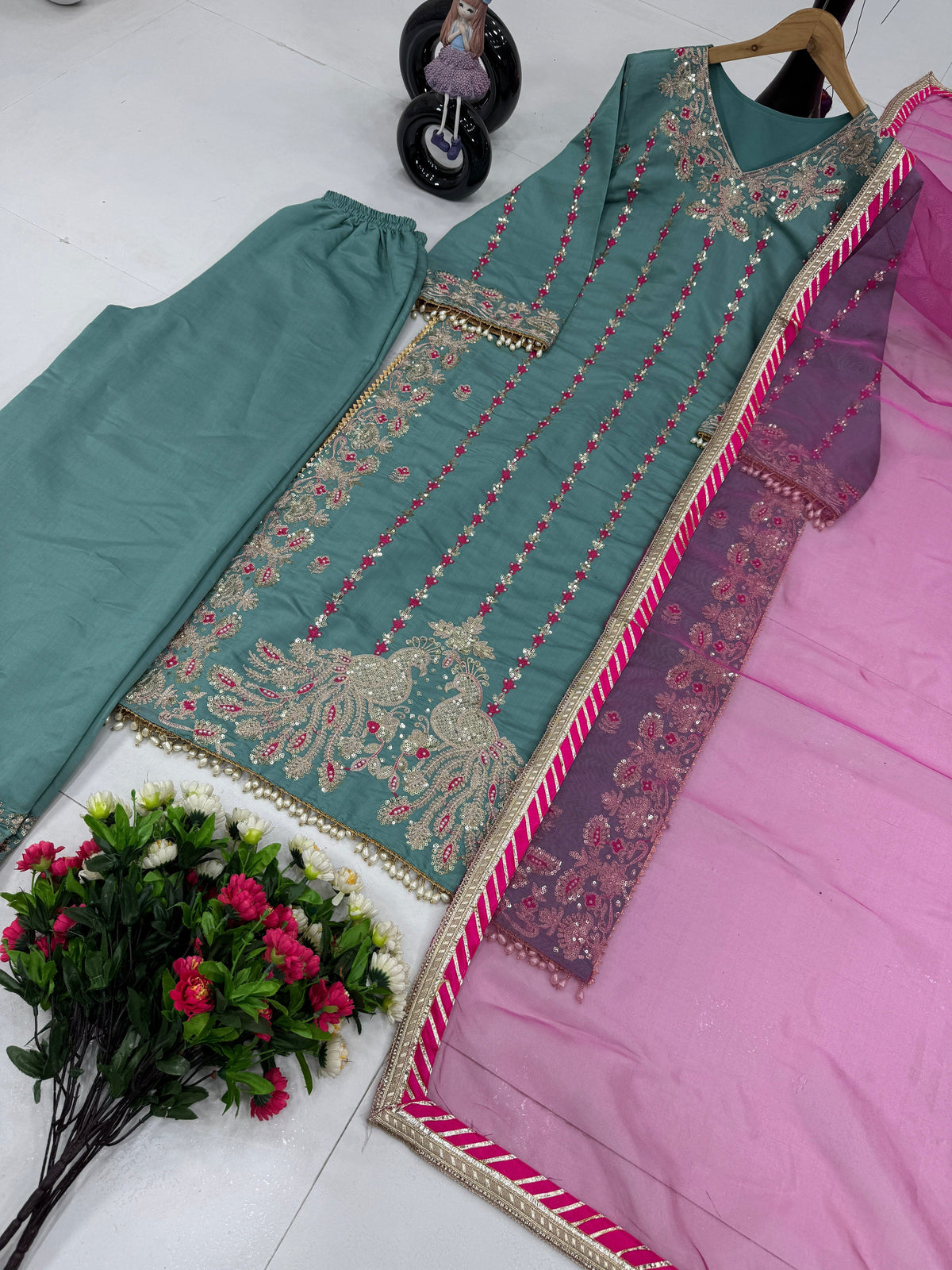 Fab Zone Women's Designer Kurti Palazzo Dupatta Suit Set