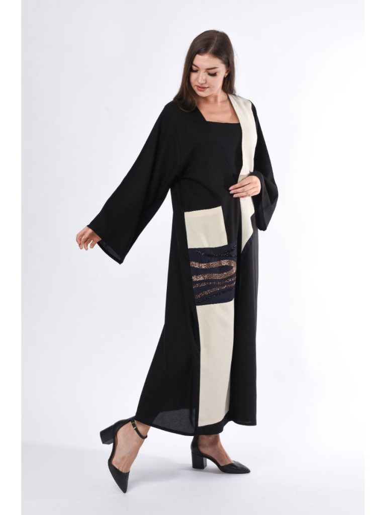 MOiSTREET Black Abaya with Contrast Panel and hand embroidery
