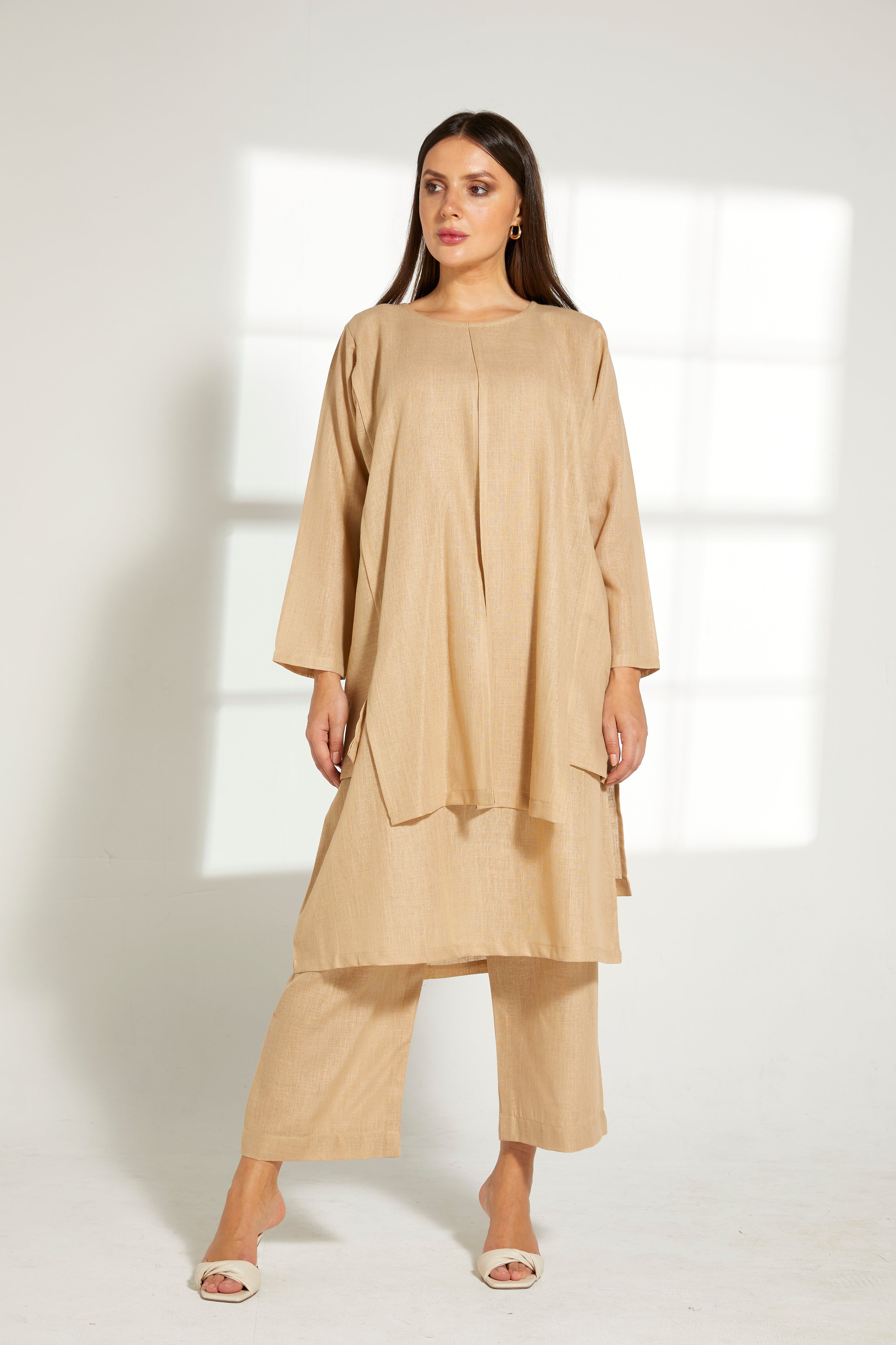 MOiSTREET Tan Linen Fabric Top and Pants Set