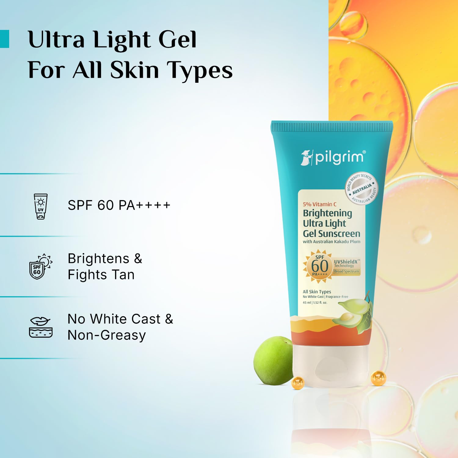 Pilgrim 5% Vitamin C Brightening Ultra Light Gel Sunscreen 45 ML