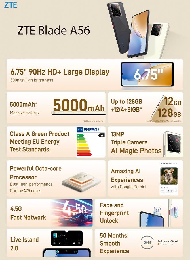ZTE Blade A56 Dual SIM Floating Gold 4GB RAM 128GB