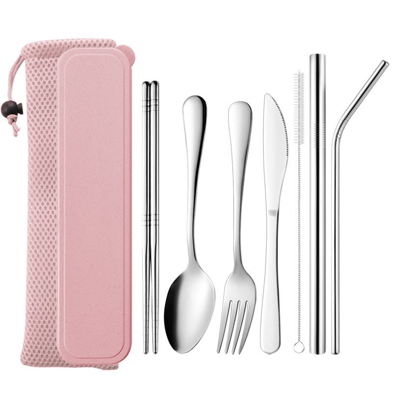 Stainless Steel Tableware Set Straw Knife Fork Spoon Chopsticks Portable Tableware