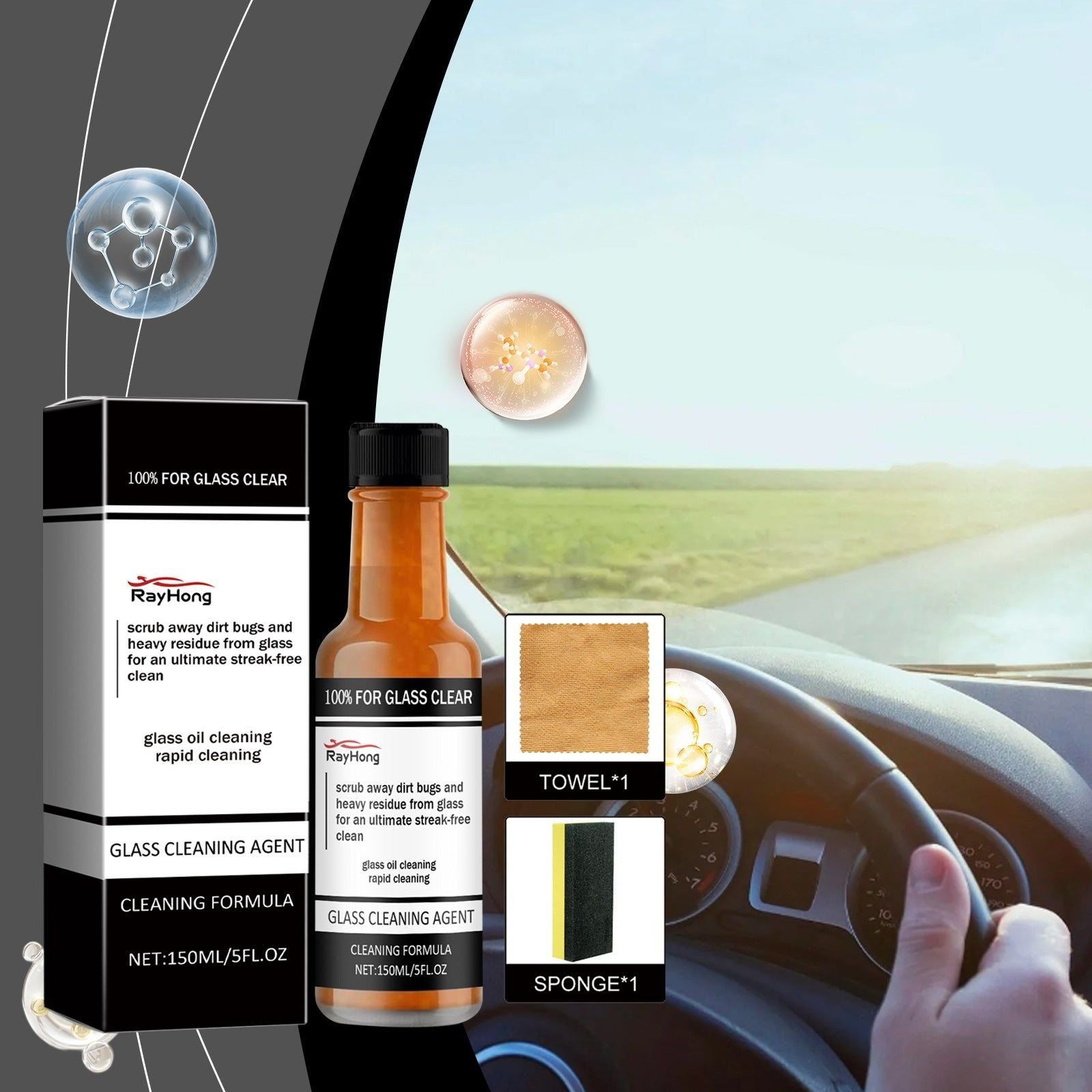 Car Cleaning Glass Cleaner, Oil Film Remover, Stubborn Stain Removal, Easy to Use ,1set