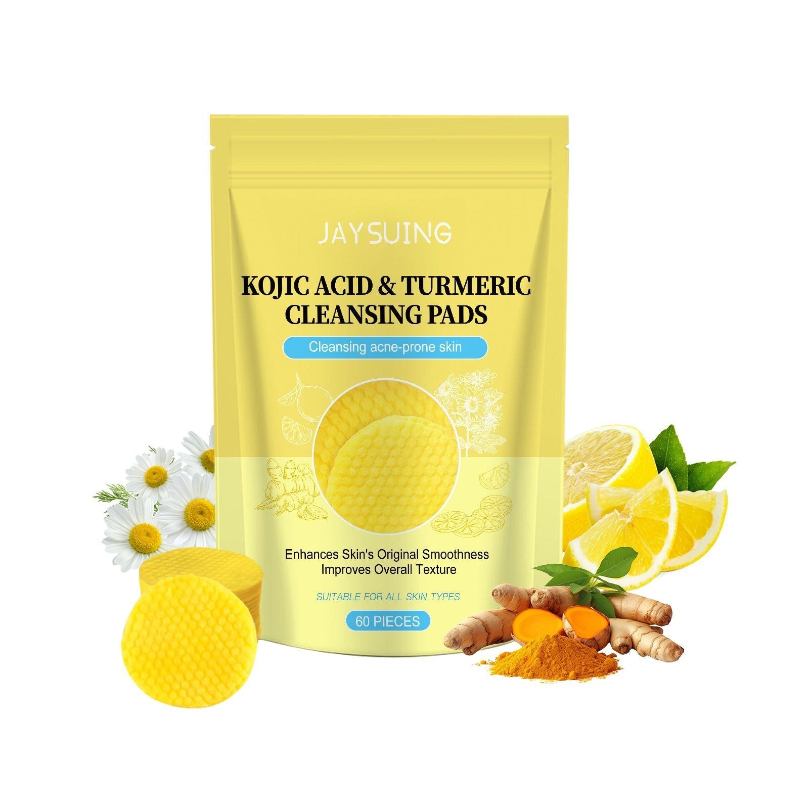 Brightening Facial Cleansing Cotton Pads with Kojic Acid, Turmeric, Vitamin C, Gentle Skin Brightening and Moisturizing ,60Pcs