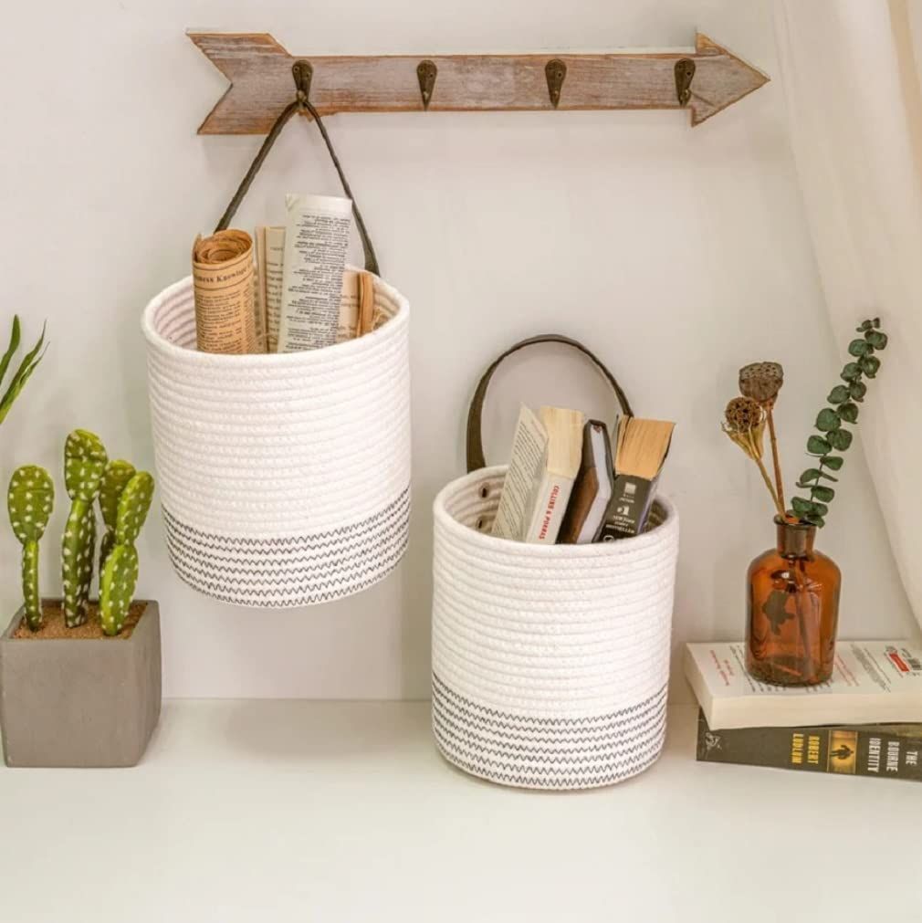AIESY® Premium Eco-Friendly Jute and Cotton Blend Hanging Basket Set | Handcrafted Dual-Texture Wall Planter & Storage Basket with Hanging Loop for Home, Kitchen & Living Room