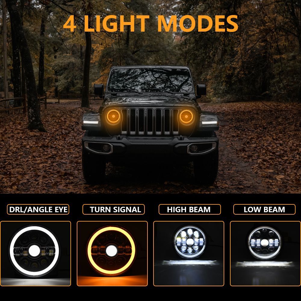 Motorcycle Round LED Headlight 7 inch Car Front Angel Eye With 4 Light Modes