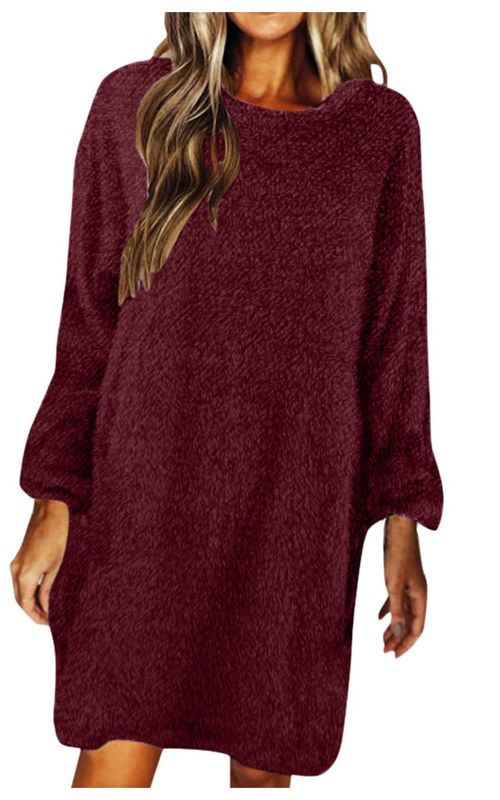 Winter Loose Sweater Dress Long Sleeve Round Neck Plush Dresses Women Fleece Dress