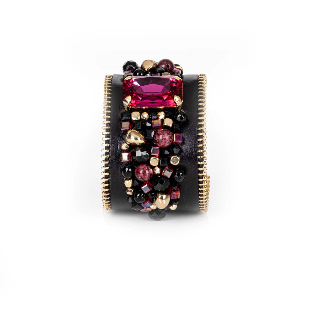 The Dark Black Leather Crystal Statement Cuff Ruby Glass & Gold Zip