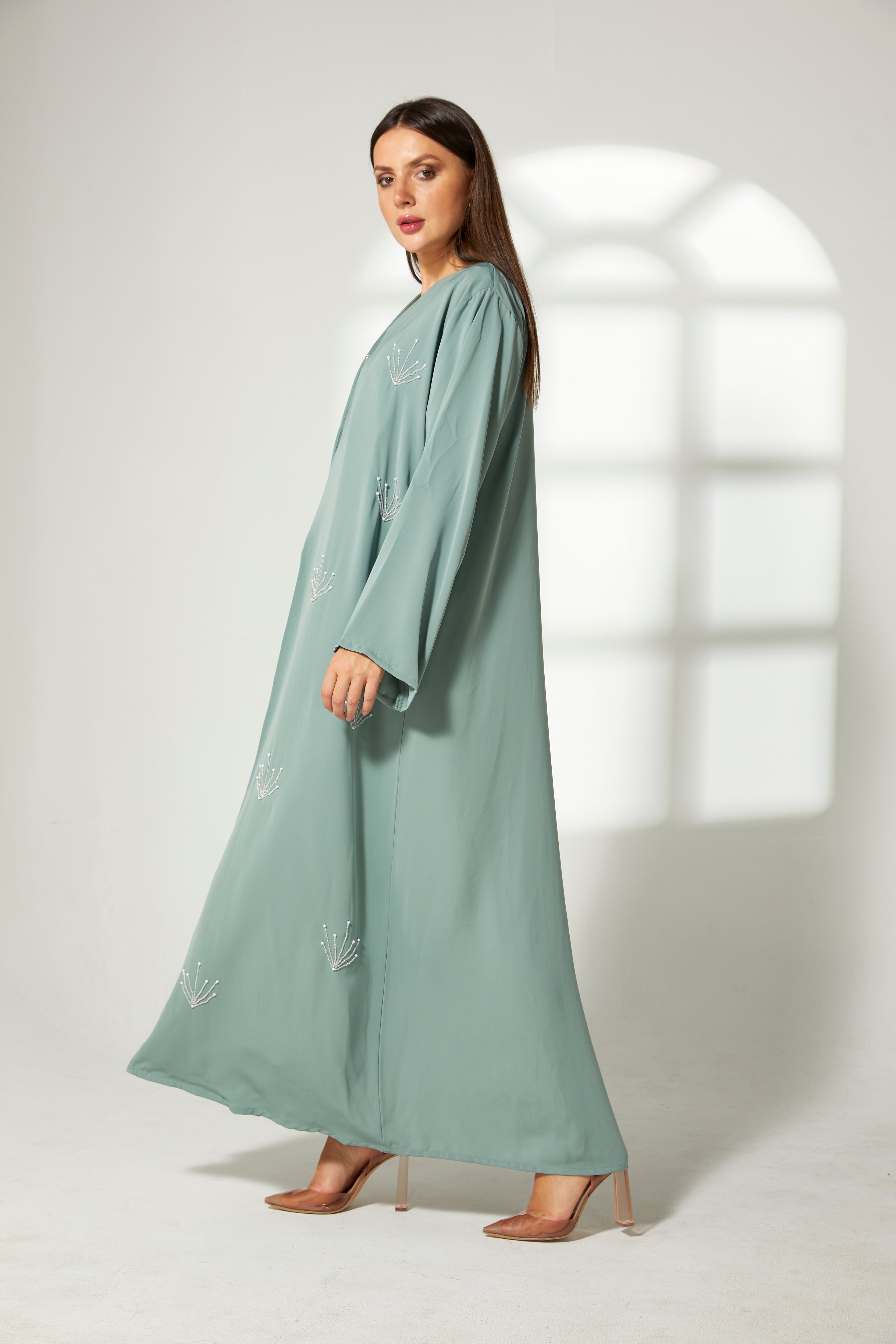 MOiSTREET Sea Green Korean Nida Embroidery Abaya