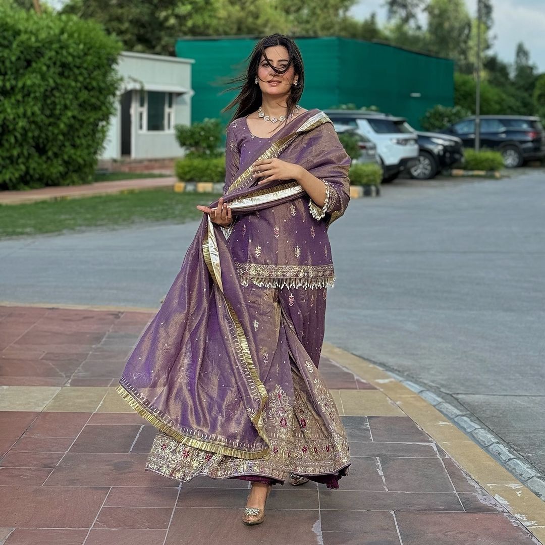 Fab Zone Women’s Designer Gold Net Embroidered Top Plazzo Set with Dupatta