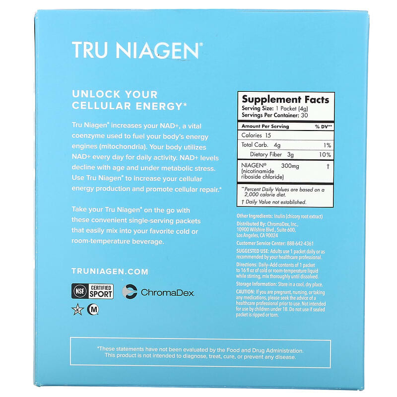 TRU NIAGEN NAD+ Booster with Hydration & Prebiotic Support Award-Winning Nicotinamide Riboside Mixing Powder for Cellular Energy, Repair & Healthy Aging - 30ct/300mg Stick Packs: On-The-Go Supplement