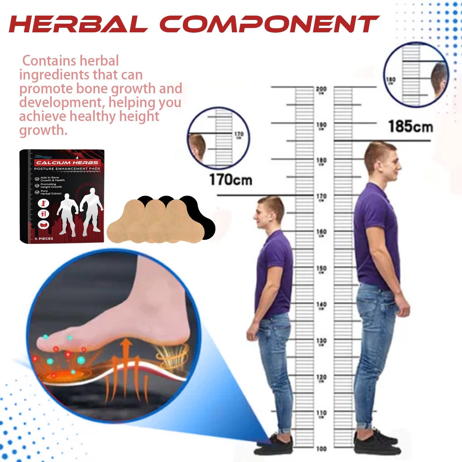 Boost Bone Growth with Foot Care Pads, Posture & Height Enhancement, Natural Calcium Herbs ,6pcs