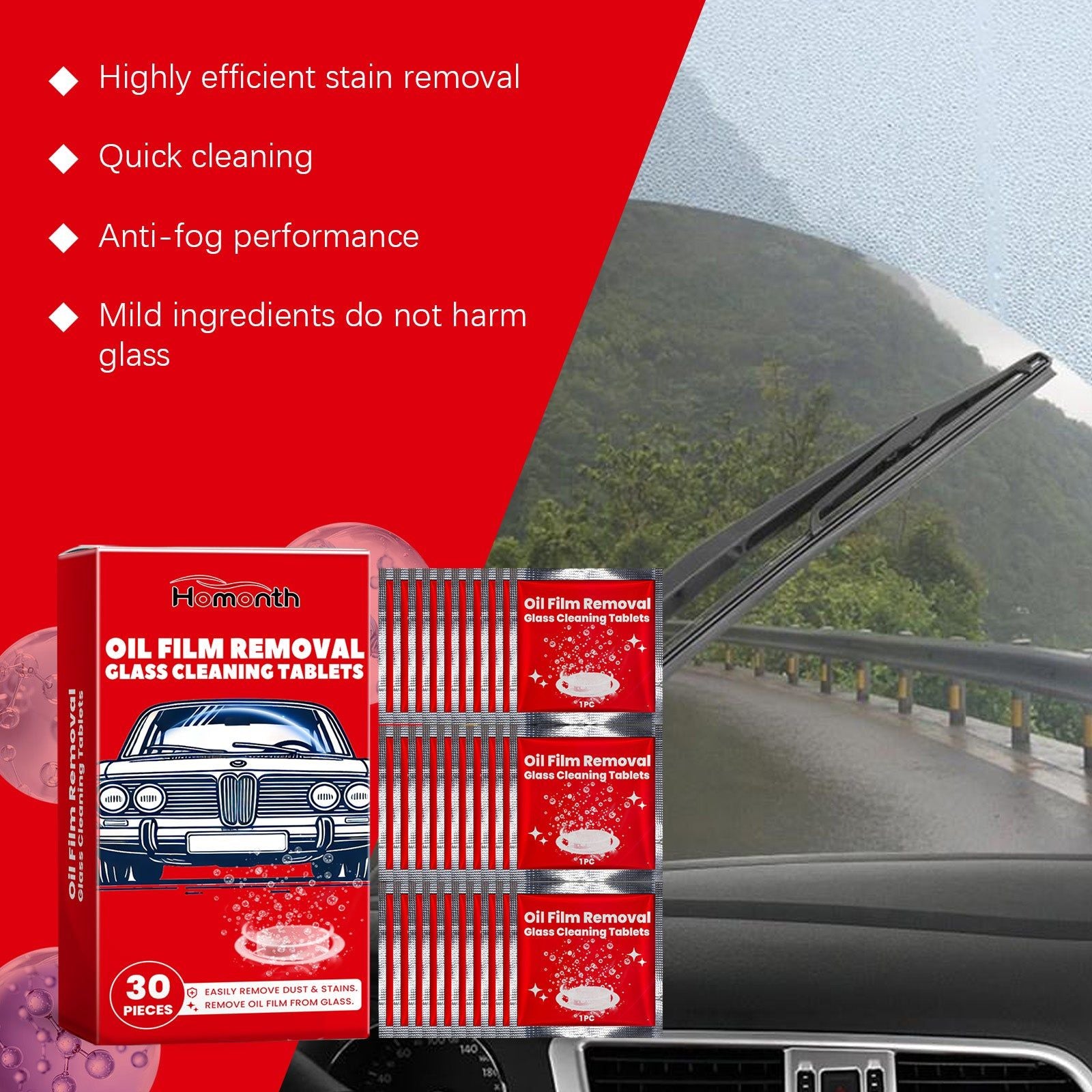 Car Oil Film Cleaning Sheets, Rain & Fog Glass Cleaner, Easy Windshield Shine ,30pcs