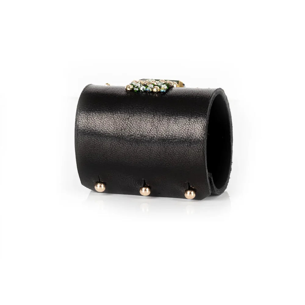 The Dark Crystal Ribbon Leather Cuff Bracelet Black & Emerald Spark