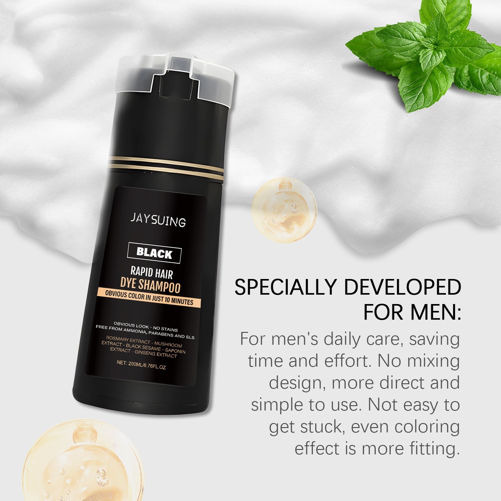Black Instant Shampoo for Men, Nourishing, Natural Shine, Easy to Use, Hair Care ,200ml