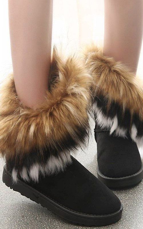 Winter Snow Boots Women Ankle Slip On Boots Faux Fox Rabbit Fur Suede Flat Shoes