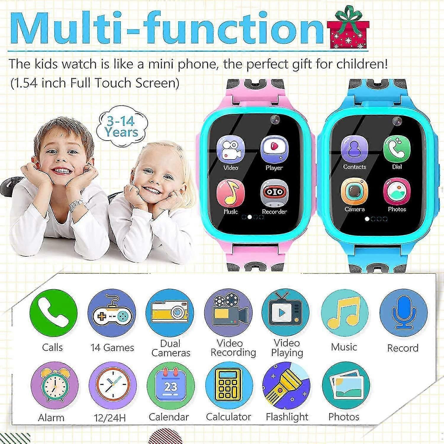 Kids Smartwatch with Dual Cameras & 14 Games - Call/Music Player for Boys/Girls Aged 5-12