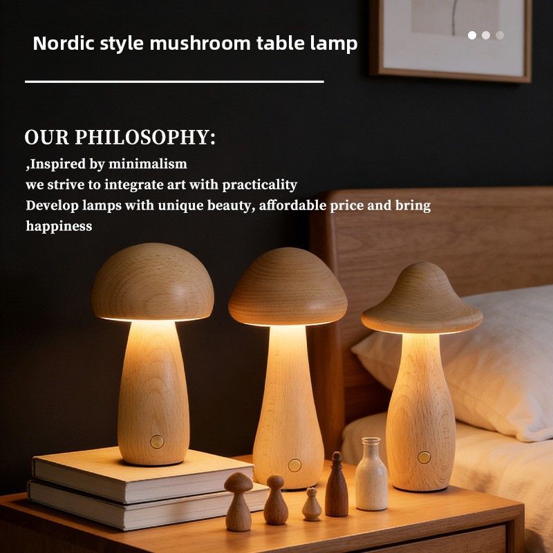 Wooden Mushroom Night Light USB Rechargeable Touch Lamp