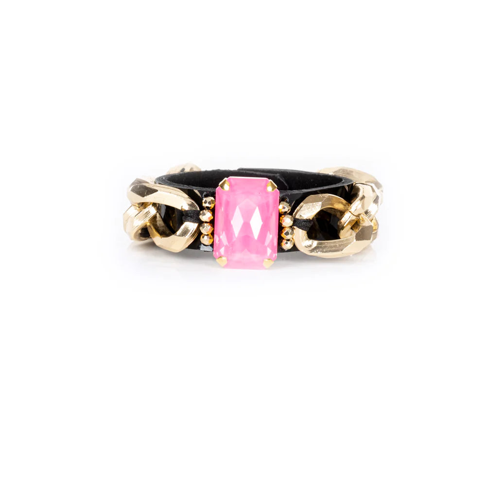 The Dark Black Leather Chain Cuff Bracelet with Pink Crystal