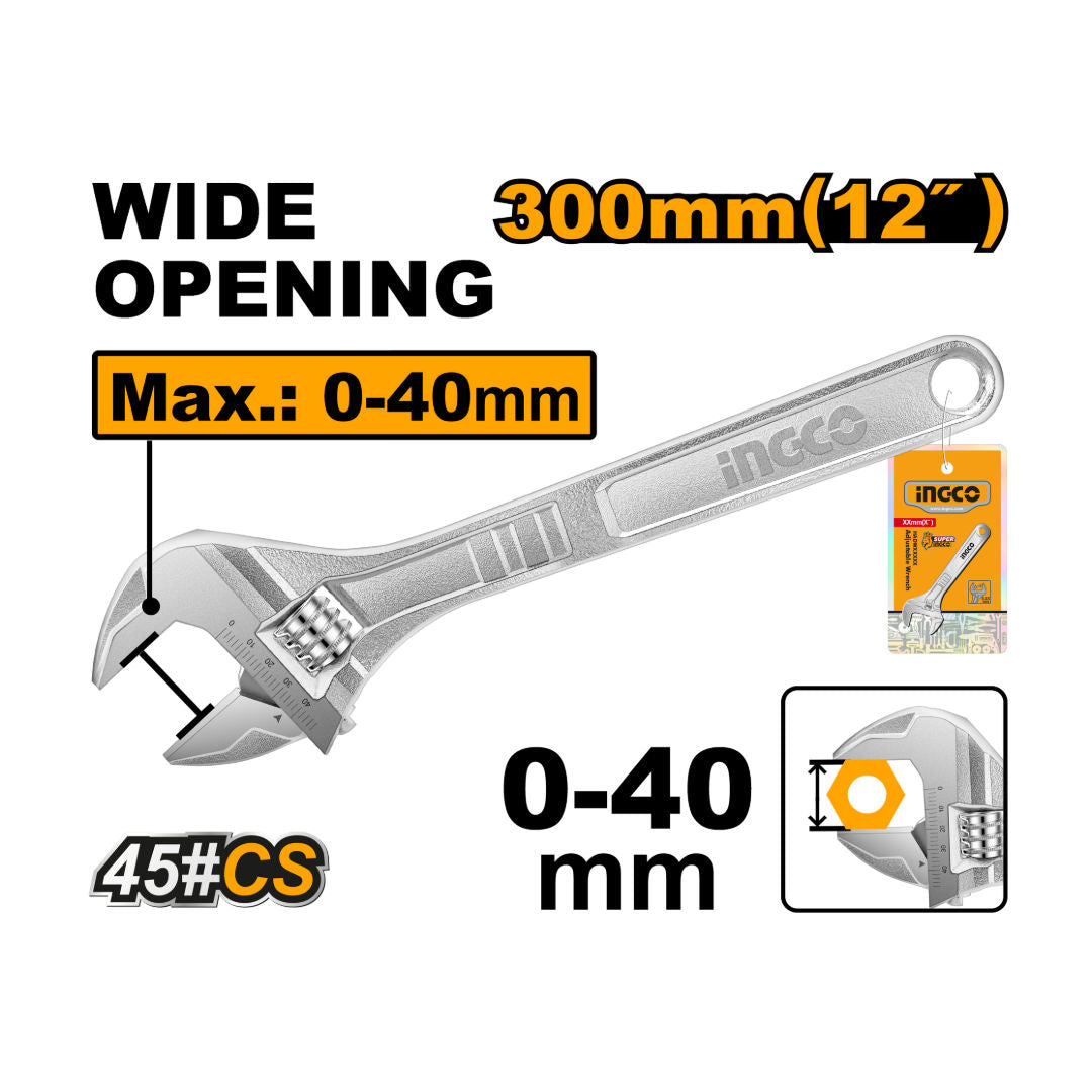 INGCO Adjustable Wrench, 0-40mm