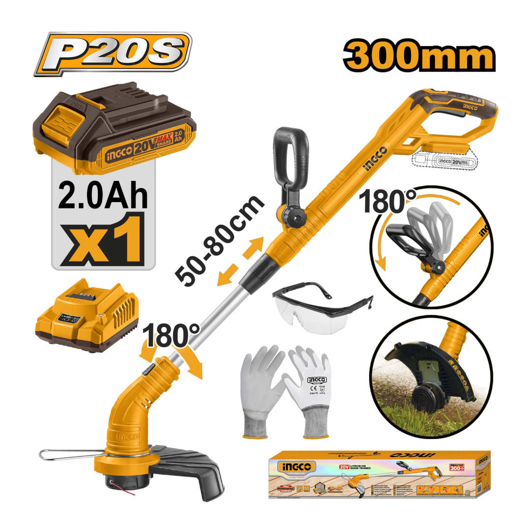 INGCO Li-Ion Cordless Grass Trimmer, 20V, 300mm Cut