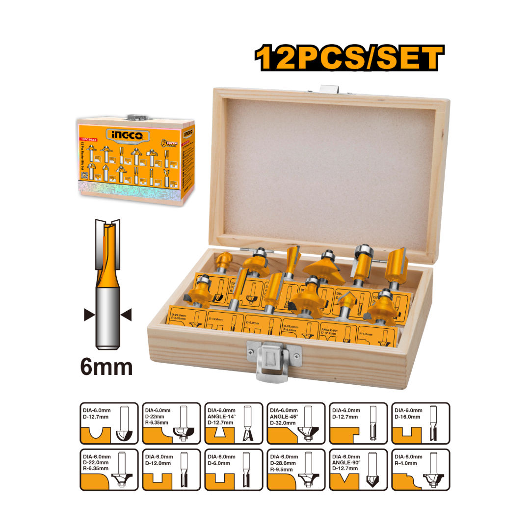 INGCO 12-Piece Router Bit Set 6mm, Straight, V-Groove, Dovetail & Chamfer Bits in Wooden Case