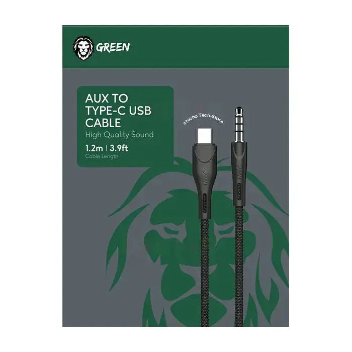 Green Lion 3.5mm AUX to USB-C Audio Cable, 1.2M, 2.4A, High-Quality Sound, Black