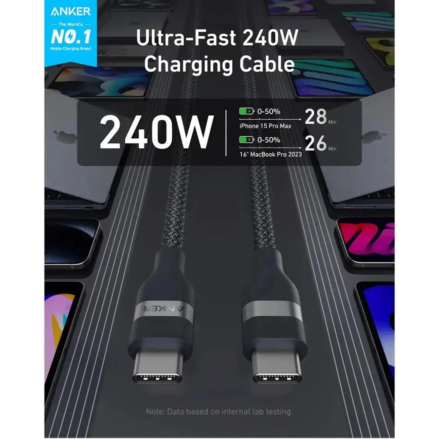 كابل Anker من USB-C إلى USB-C، شحن سريع بقدرة 240 واط، بتصميم مضفر صديق للبيئة، بطول 3 أقدام